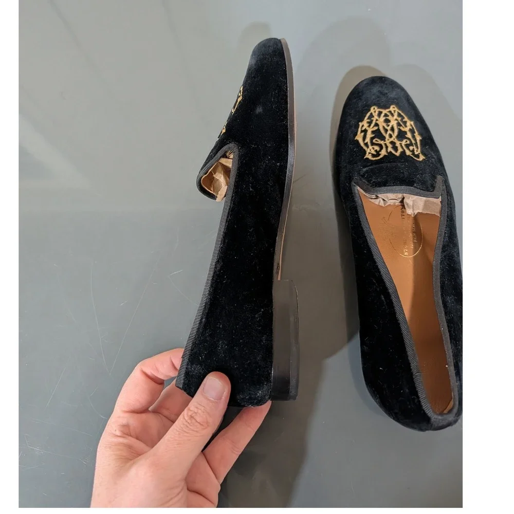 Stubbs & Wootton Black Velvet Embroidered Crest Smoking Flat Slippers 7.5 AA